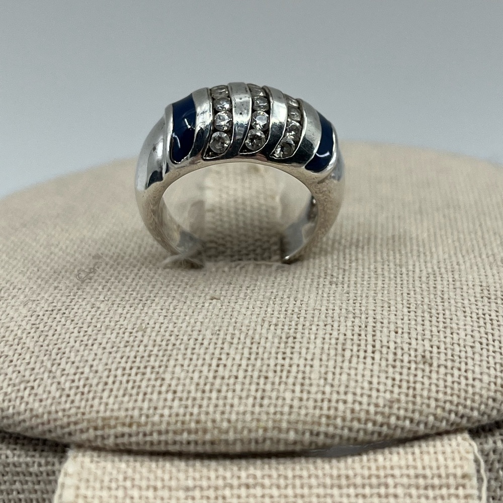 Vintage Sterling Silver Wide Band Ring with Enamel & CZ Accents Size 4.75 - Picture 6 of 16